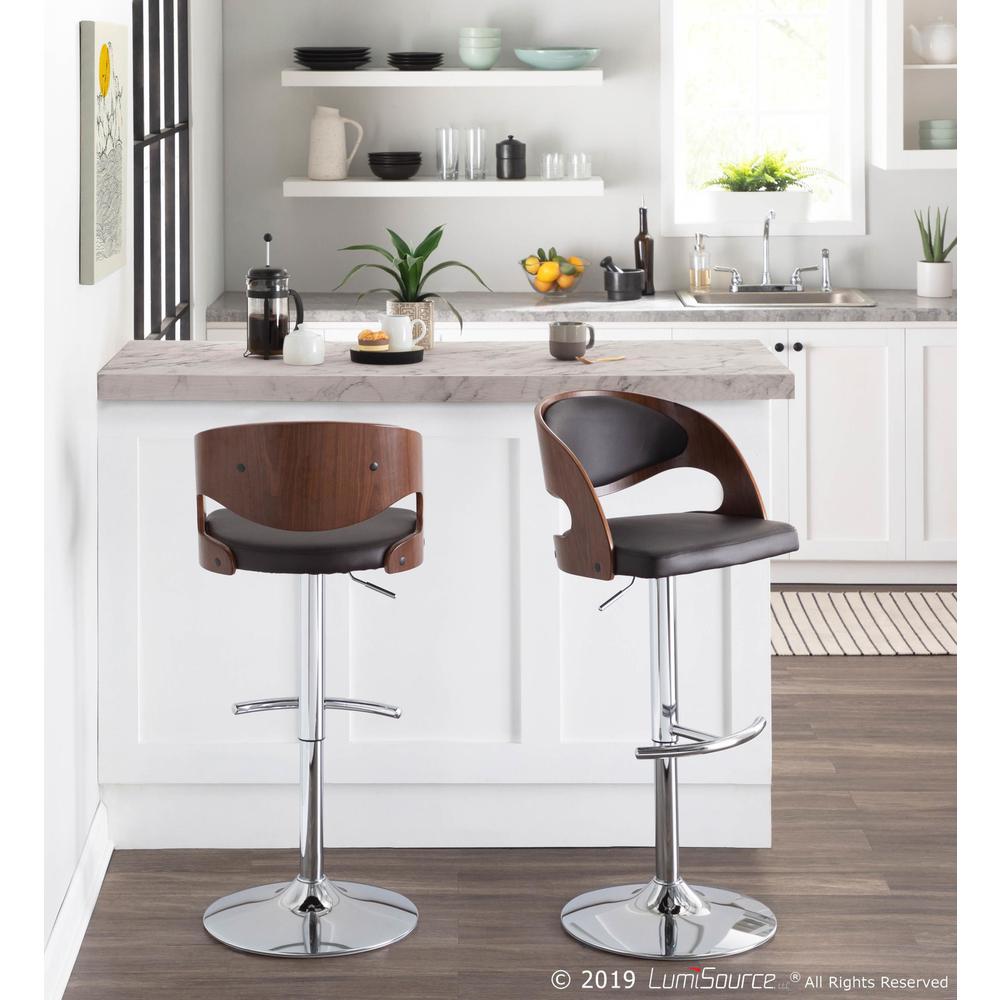 Pino Mid-Century Modern Adjustable Barstool with Swivel in Walnut and Brown Faux Leather. Picture 9