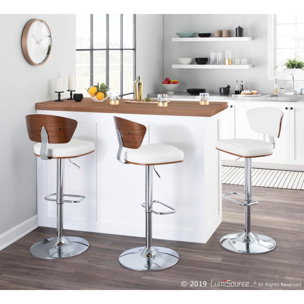 Ravinia Mid-Century Modern Adjustable Barstool with Swivel in Walnut and White Faux Leather. Picture 10
