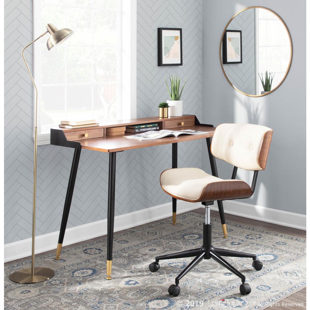 Harvey Mid-Century Modern Desk in Black Metal and Walnut Wood with Gold Accent. Picture 8
