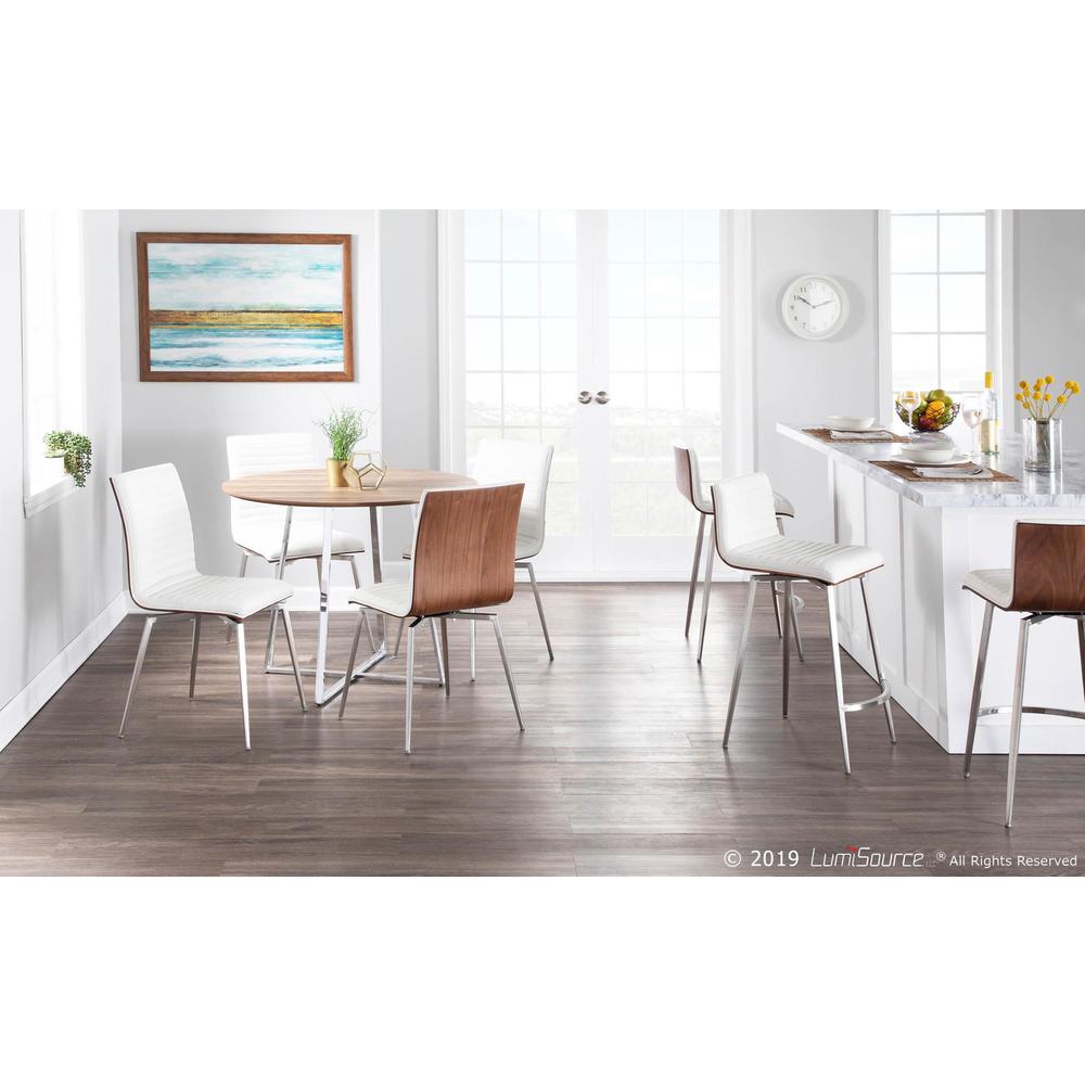 Mason Contemporary Dining/Accent Chair with Swivel in Stainless Steel, Walnut Wood, and White Faux Leather - Set of 2. Picture 13
