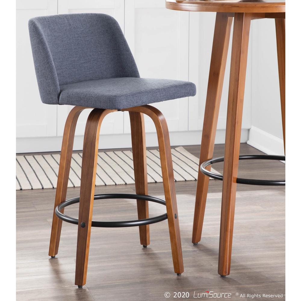 Toriano Mid-Century Modern Counter Stool in Walnut and Blue Fabric - Set of 2. Picture 9