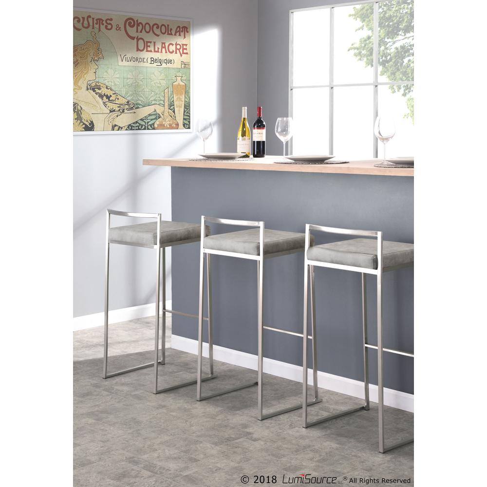 Fuji Contemporary Stackable Counter Stool in Stainless Steel with Light Grey Cowboy Fabric Cushion - Set of 2. Picture 9