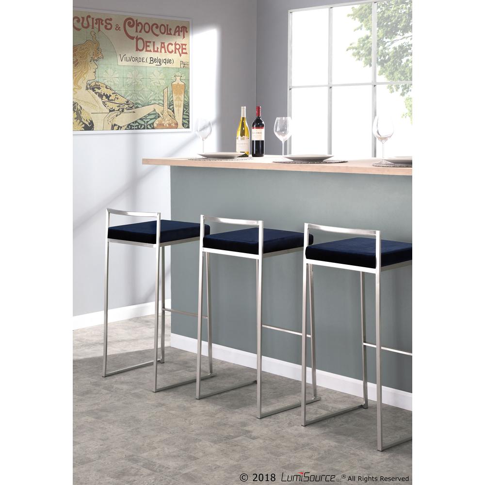Fuji Contemporary Stackable Counter Stool in Stainless Steel with Blue Velvet Cushion - Set of 2. Picture 9