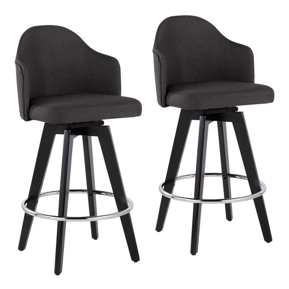 Black Wood, Chrome, Charcoal Fabric Ahoy 26" Counter Stool - Set of 2. Picture 1