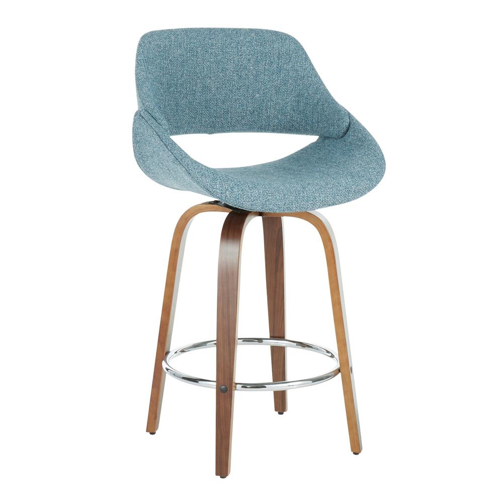 Fabrico Mid-Century Modern Counter Stool in Walnut and Blue Noise Fabric - Set of 2. Picture 2