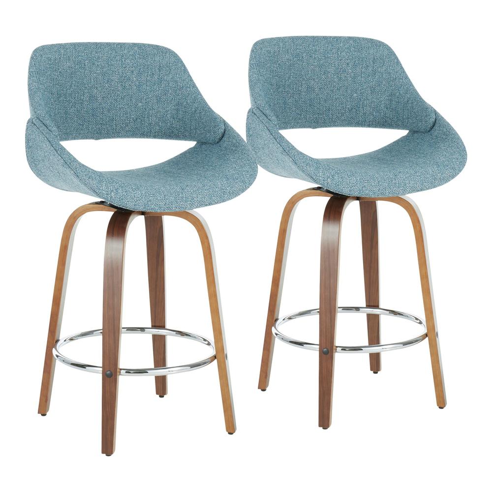 Fabrico Mid-Century Modern Counter Stool in Walnut and Blue Noise Fabric - Set of 2. Picture 1