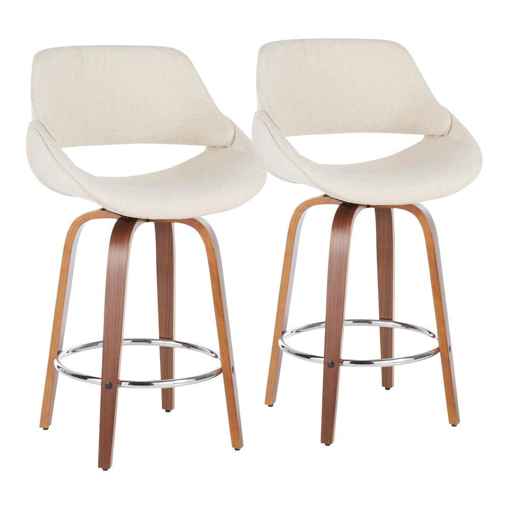 Fabrico Mid-Century Modern Counter Stool in Walnut and Cream Fabric - Set of 2. Picture 1