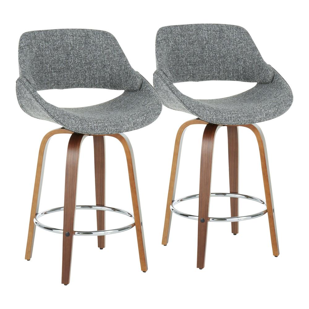 Fabrico Mid-Century Modern Counter Stool in Walnut and Grey Noise Fabric - Set of 2. Picture 1