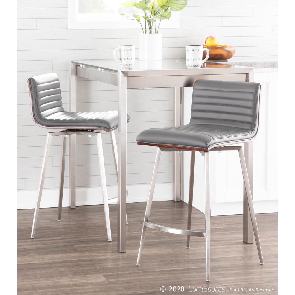 Mason Contemporary Swivel Counter Stool in Stainless Steel, Walnut Wood, and Grey Faux Leather - Set of 2. Picture 13