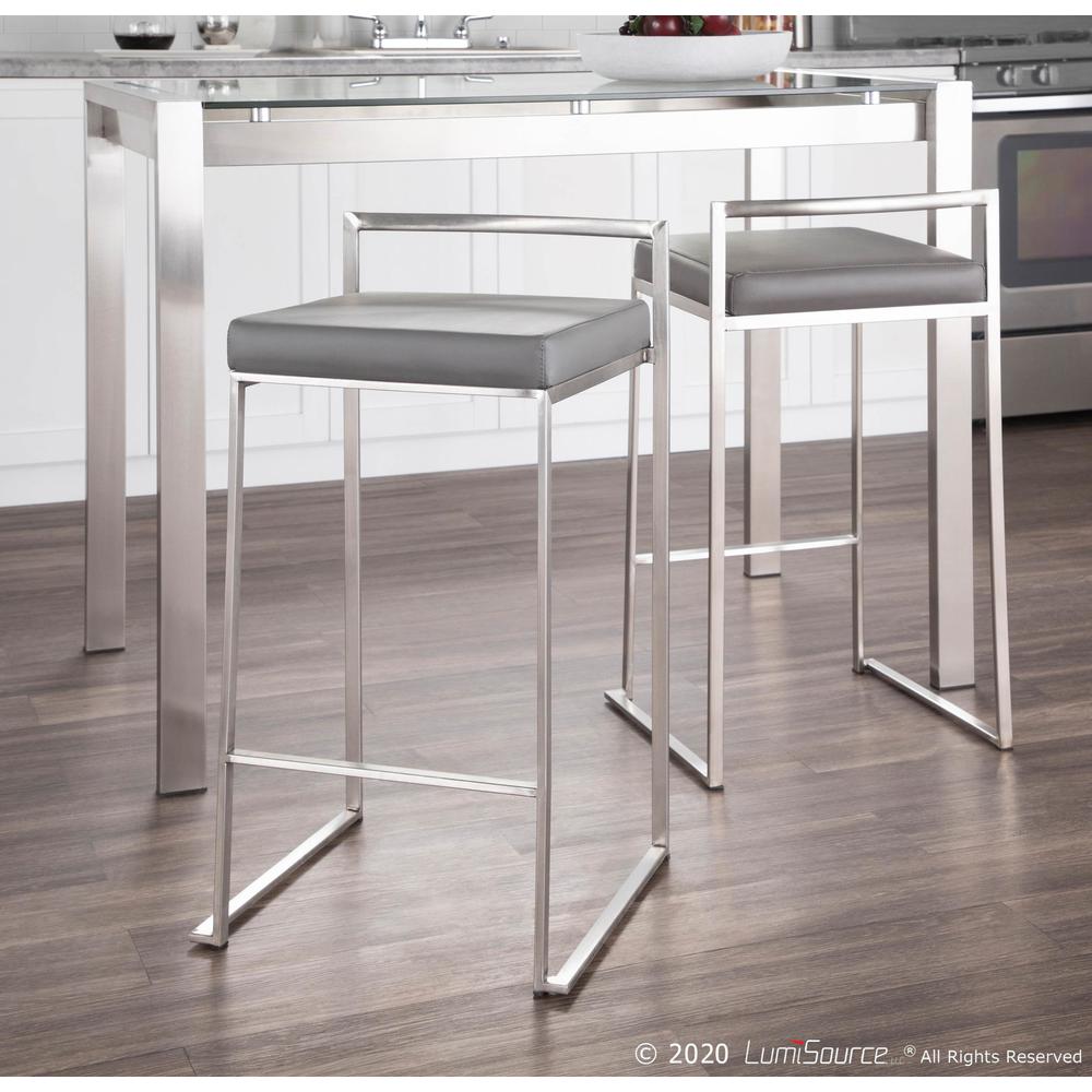 Fuji Contemporary Stackable Counter Stool in Stainless Steel with Grey Faux Leather Cushion - Set of 2. Picture 11