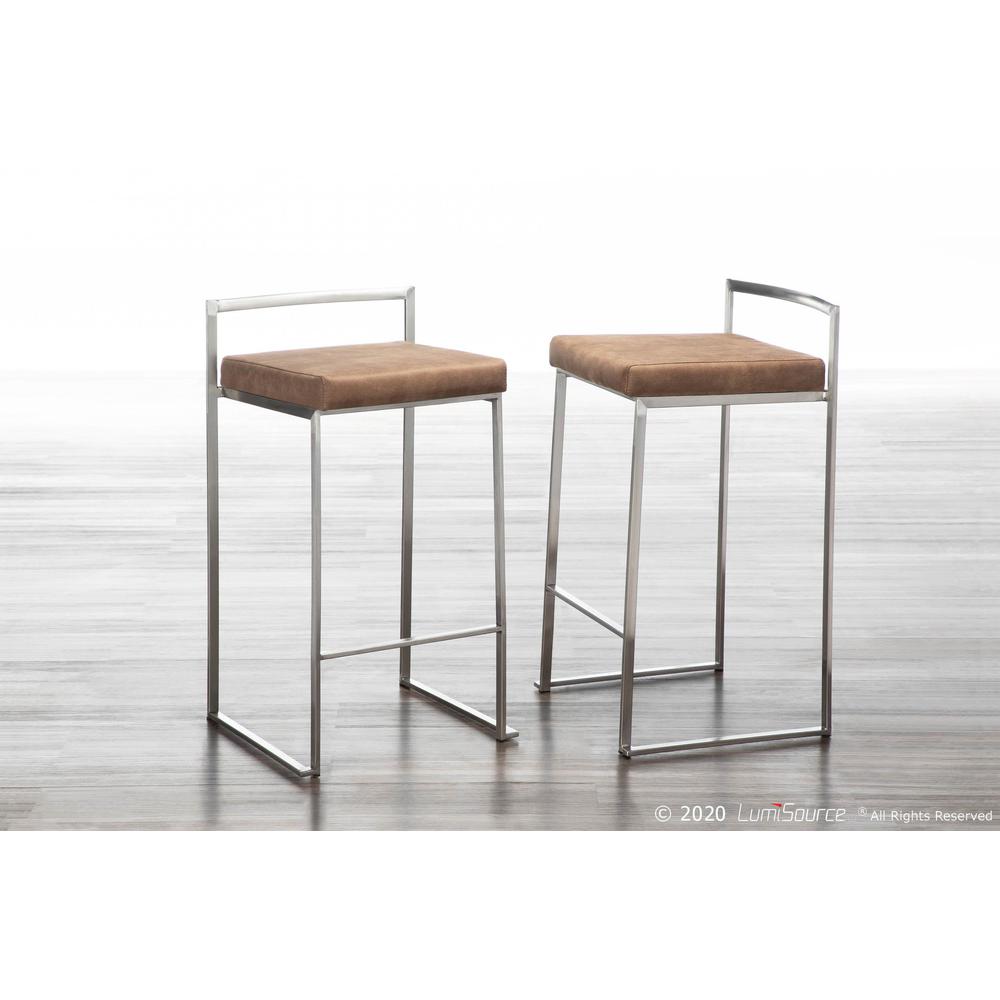 Fuji Contemporary Stackable Counter Stool in Stainless Steel with Brown Cowboy Fabric Cushion - Set of 2. Picture 11