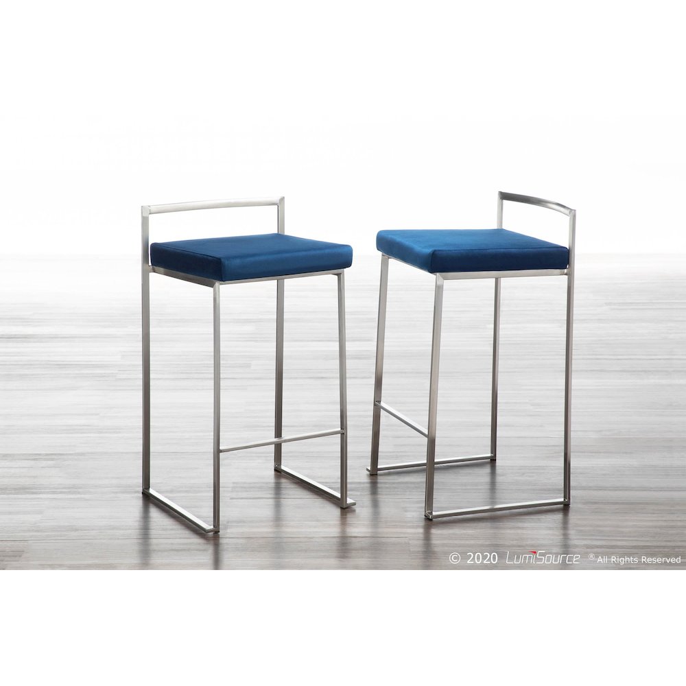 Fuji Contemporary Stackable Counter Stool in Stainless Steel with Blue Velvet Cushion - Set of 2. Picture 10