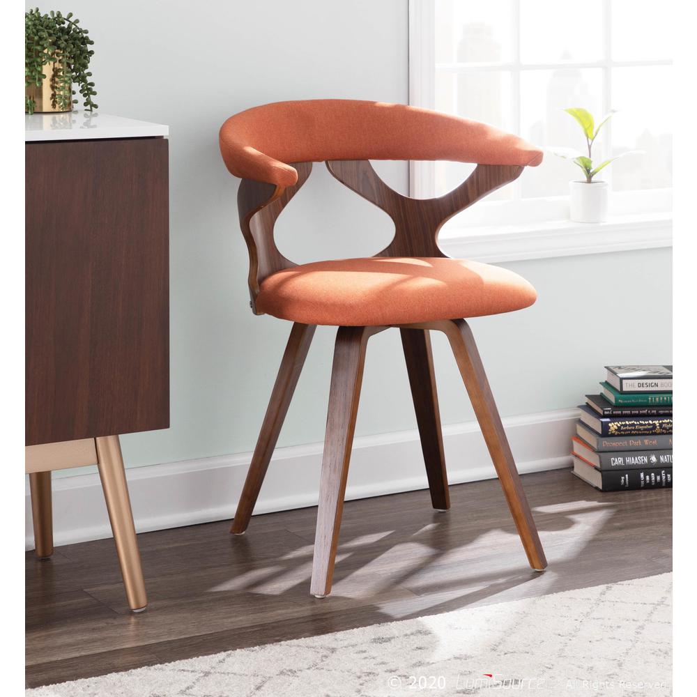 Gardenia Mid-century Modern Dining/Accent Chair with Swivel in Walnut Wood and Orange Fabric. Picture 10