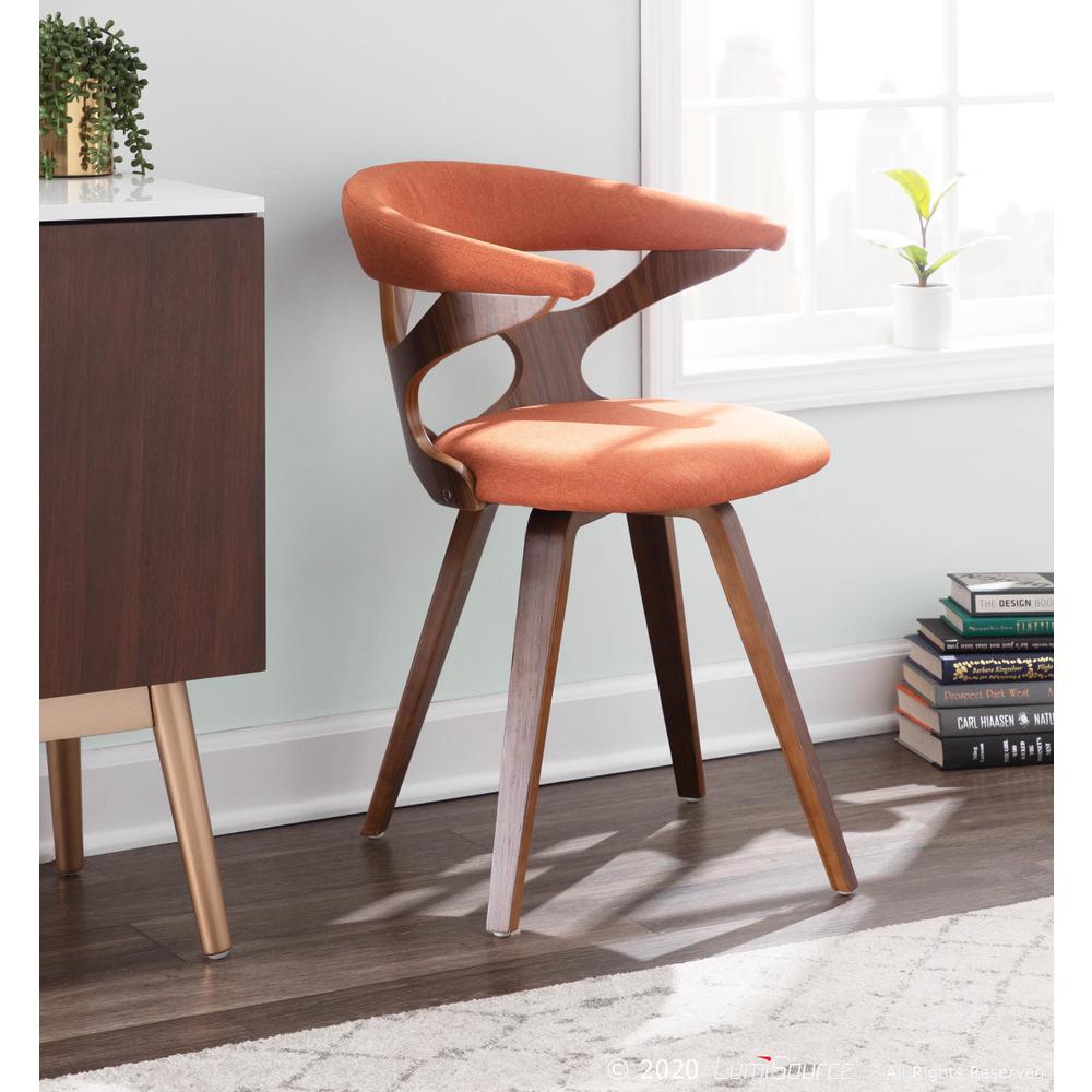 Gardenia Mid-century Modern Dining/Accent Chair with Swivel in Walnut Wood and Orange Fabric. Picture 11