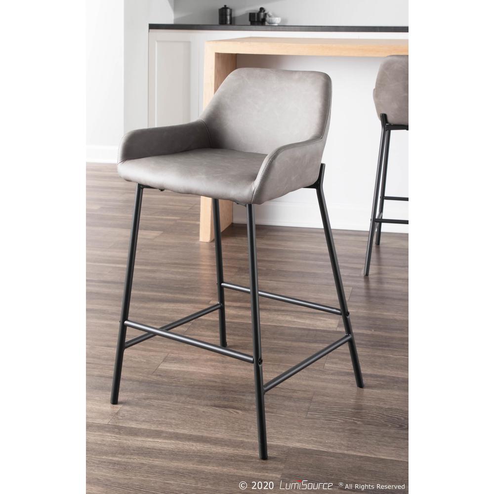 Daniella Industrial Counter Stool in Black Metal and Grey Faux Leather - Set of 2. Picture 10