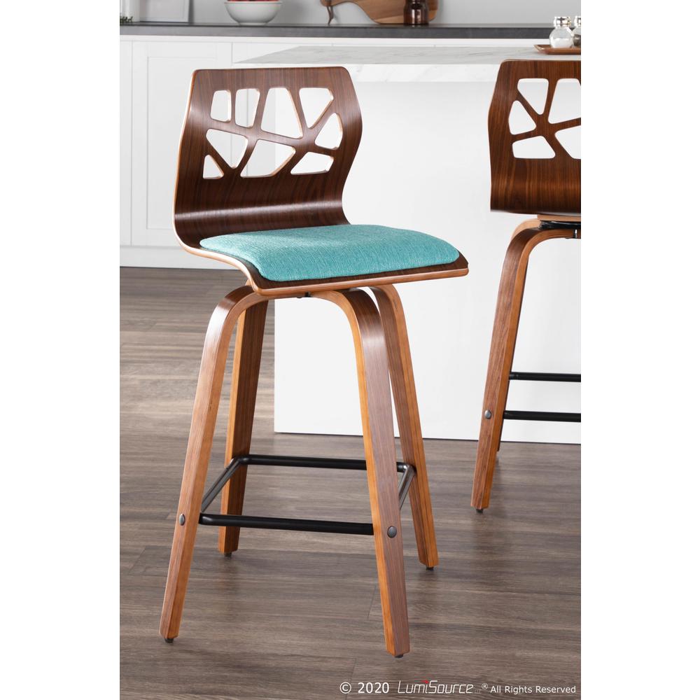 Folia Mid-Century Modern Counter Stool in Walnut Wood and Teal Fabric - Set of 2. Picture 9
