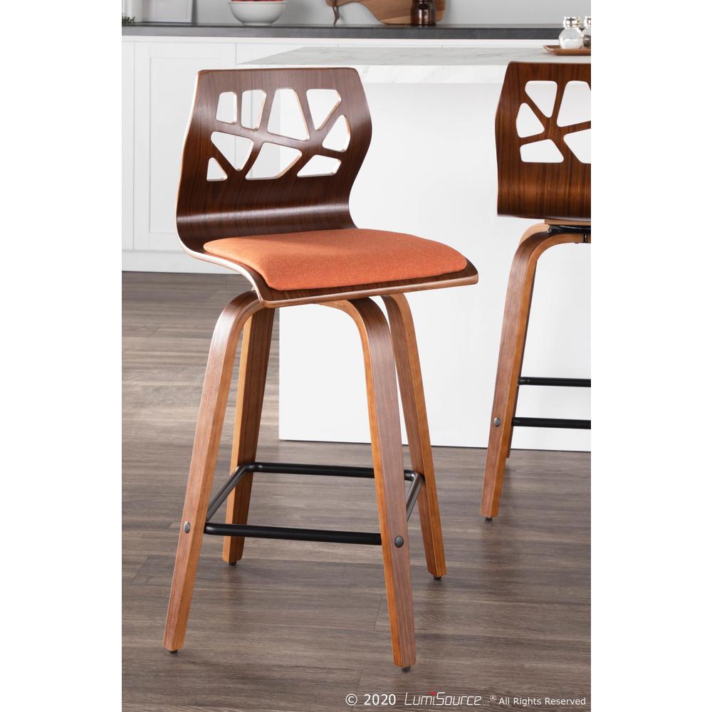 Folia Mid-Century Modern Counter Stool in Walnut Wood and Orange Fabric - Set of 2. Picture 9