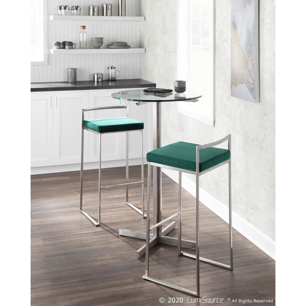 Fuji Contemporary Stackable Barstool in Stainless Steel with Green Velvet Cushion - Set of 2. Picture 10