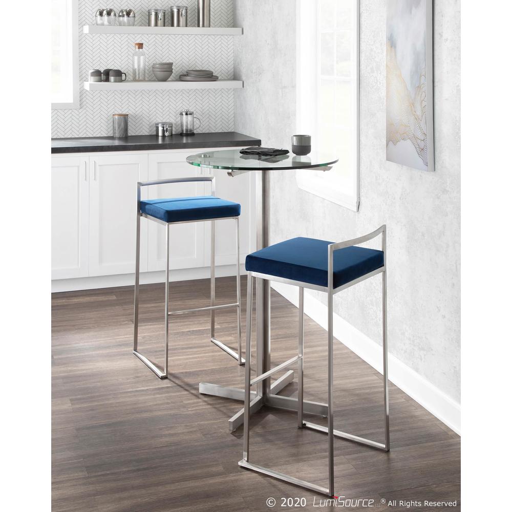 Fuji Contemporary Stackable Barstool in Stainless Steel with Blue Velvet Cushion - Set of 2. Picture 10