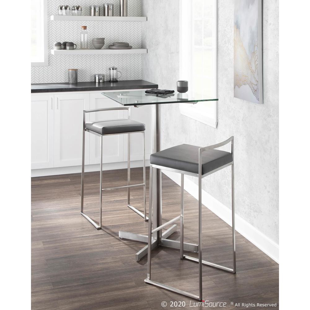 Fuji Contemporary Stackable Barstool in Stainless Steel with Grey Faux Leather Cushion - Set of 2. Picture 9