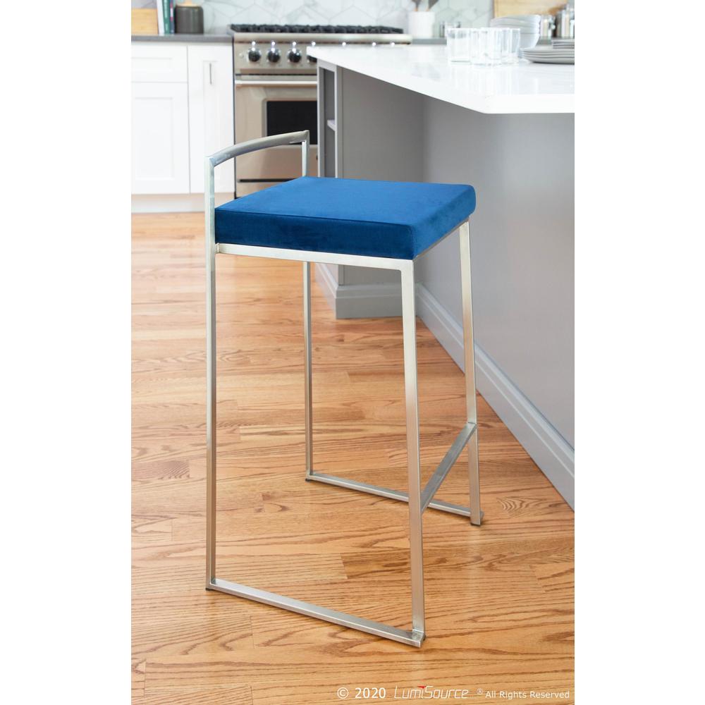 Fuji Contemporary Stackable Counter Stool in Stainless Steel with Blue Velvet Cushion - Set of 2. Picture 11