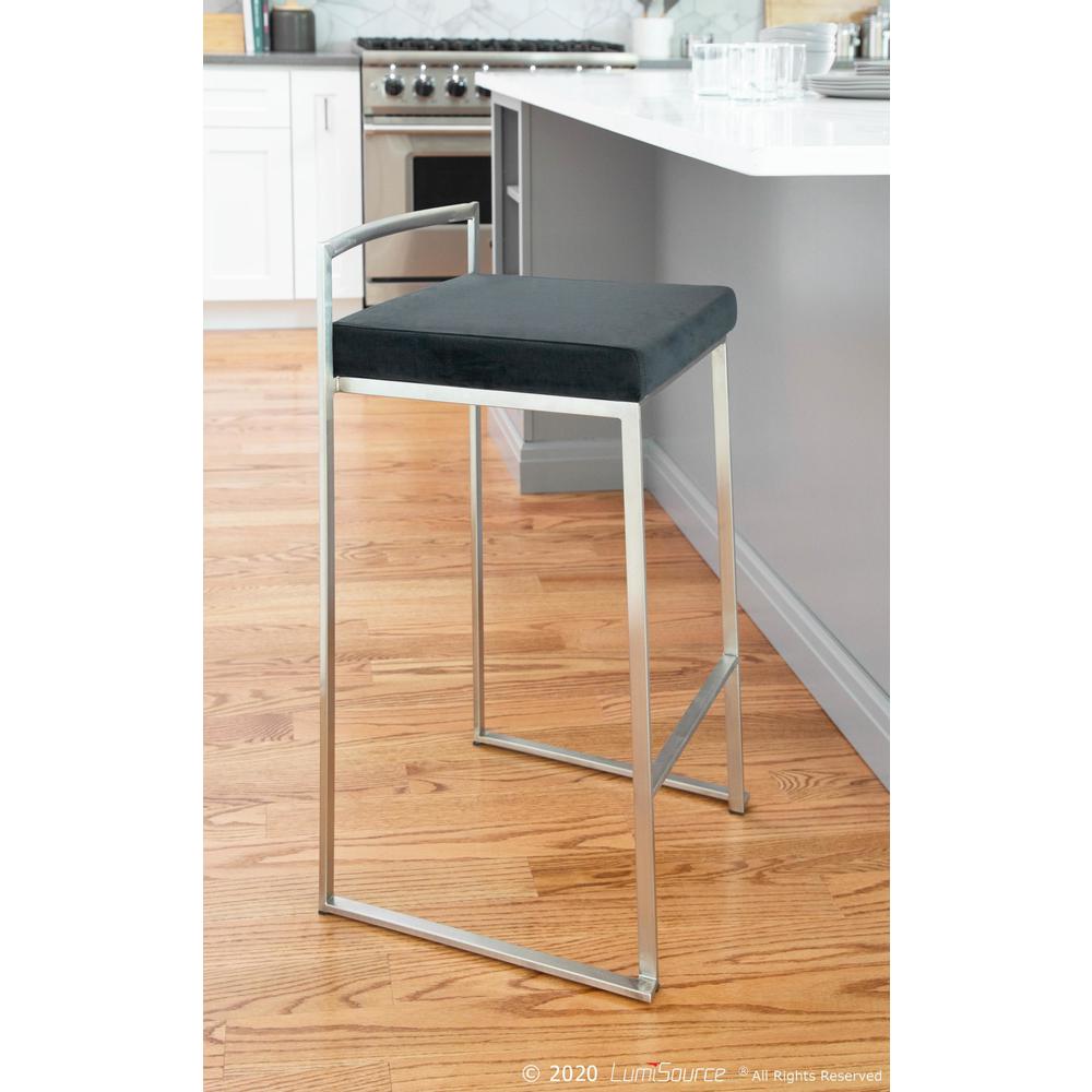 Fuji Contemporary Stackable Counter Stool in Stainless Steel with Black Velvet Cushion - Set of 2. Picture 10