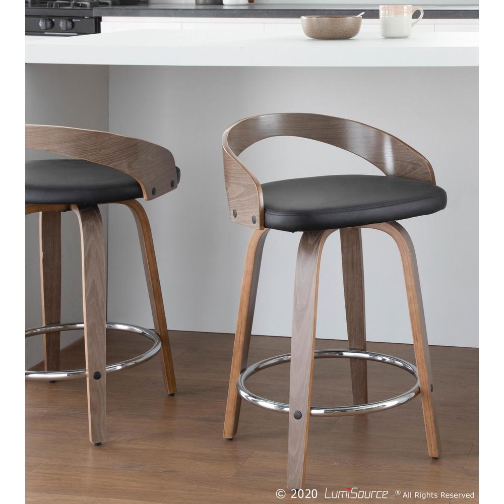 Grotto Mid-Century Modern Counter Stool with Light Grey Wood and Black Faux Leather - Set of 2. Picture 10