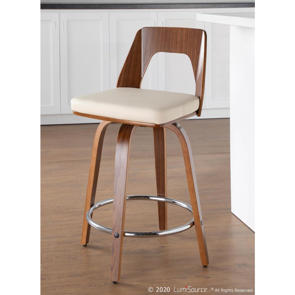 Trilogy Mid-Century Modern Counter Stool in Walnut and Cream Faux Leather - Set of 2. Picture 12