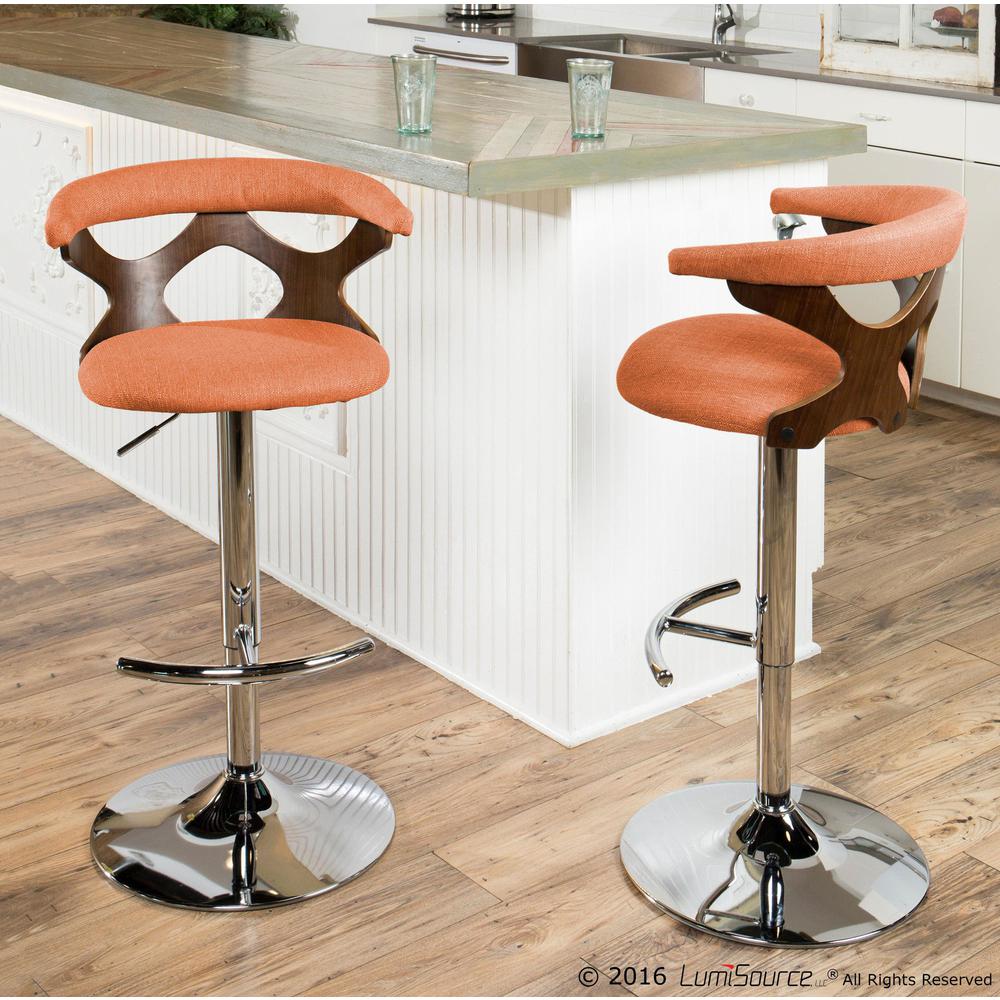 Gardenia Mid-Century Modern Adjustable Barstool with Swivel in Walnut and Orange. Picture 9
