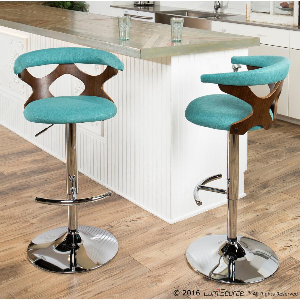 Gardenia Mid-Century Modern Adjustable Barstool with Swivel in Walnut and Teal. Picture 8