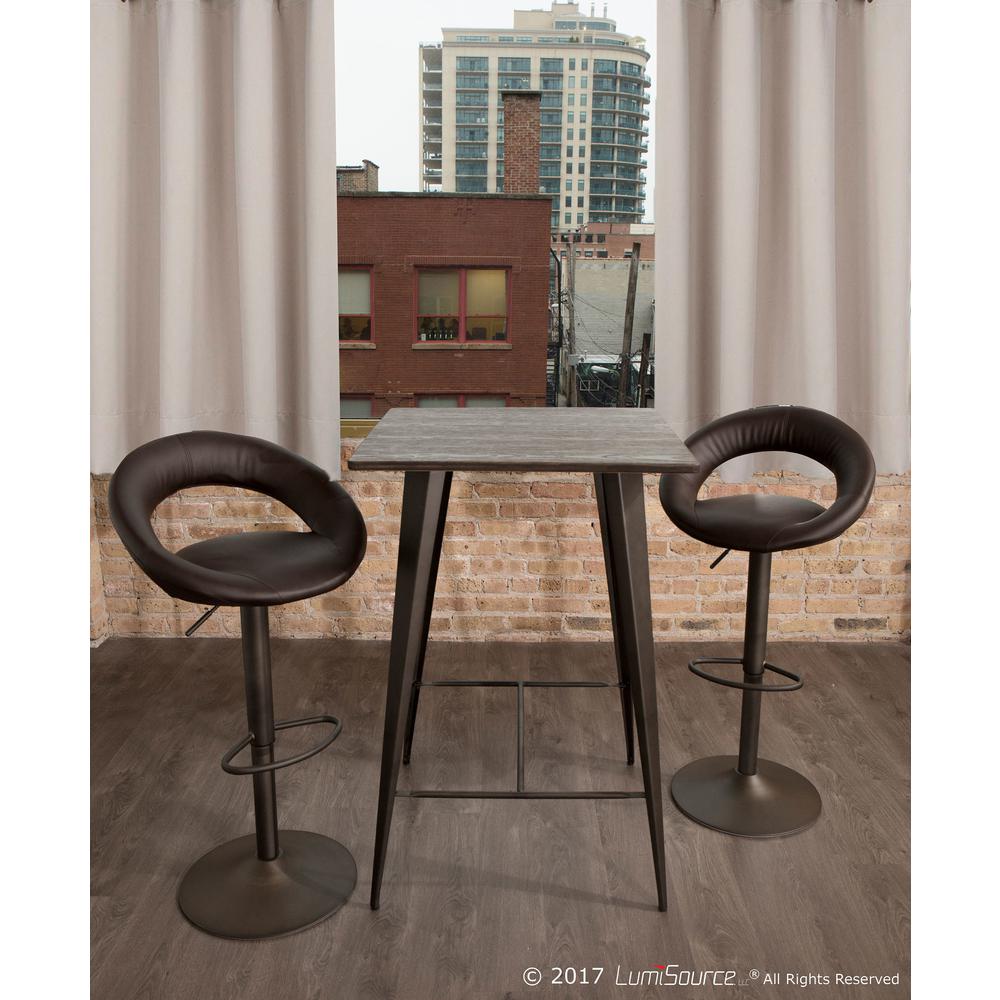 Metro Contemporary Adjustable Barstool in Antique with Brown Faux Leather - Set of 2. Picture 9