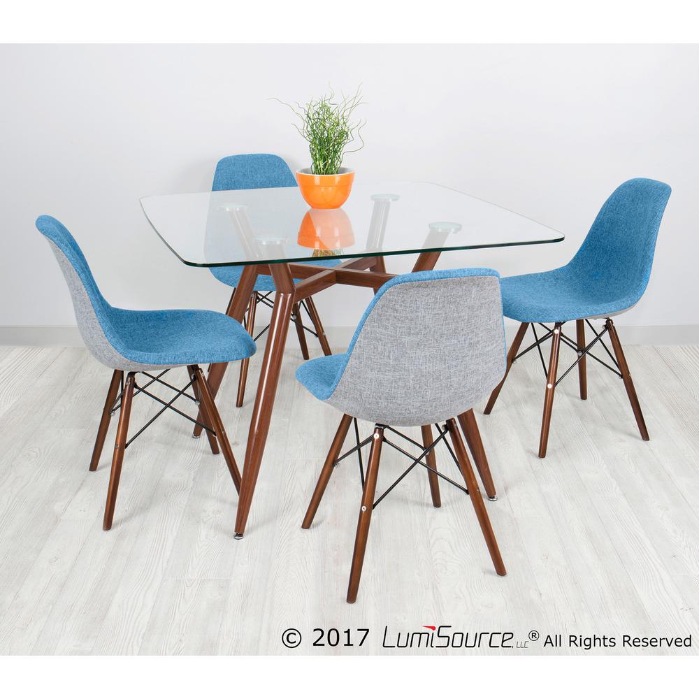 Clara Mid-Century Modern Square Dining Table with Walnut Metal Legs and Clear Glass Top. Picture 4