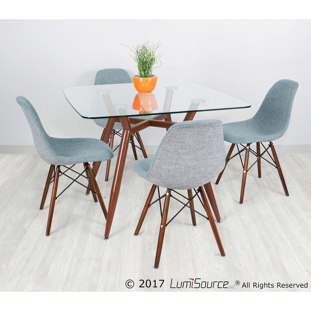 Clara Mid-Century Modern Square Dining Table with Walnut Metal Legs and Clear Glass Top. Picture 5