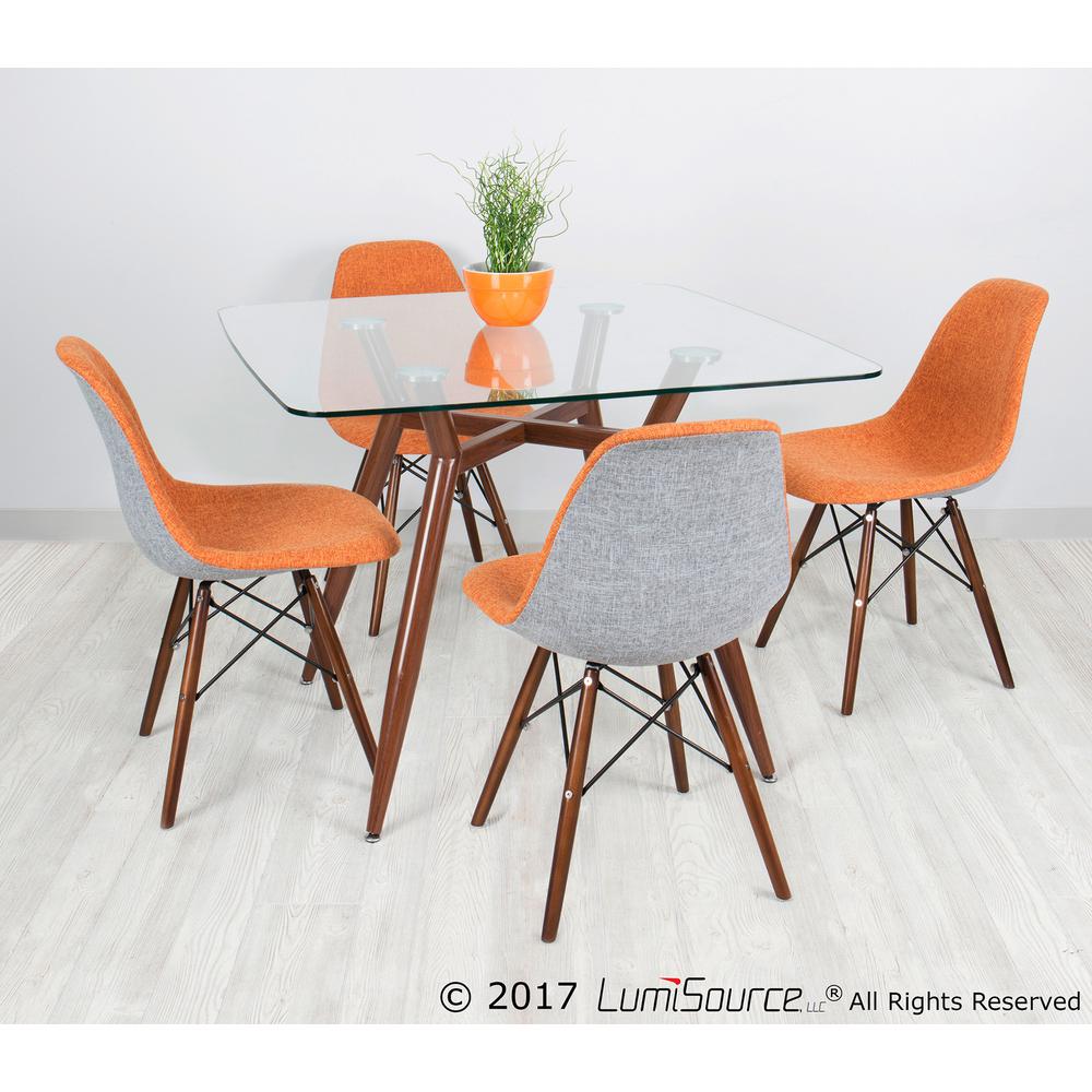 Clara Mid-Century Modern Square Dining Table with Walnut Metal Legs and Clear Glass Top. Picture 6
