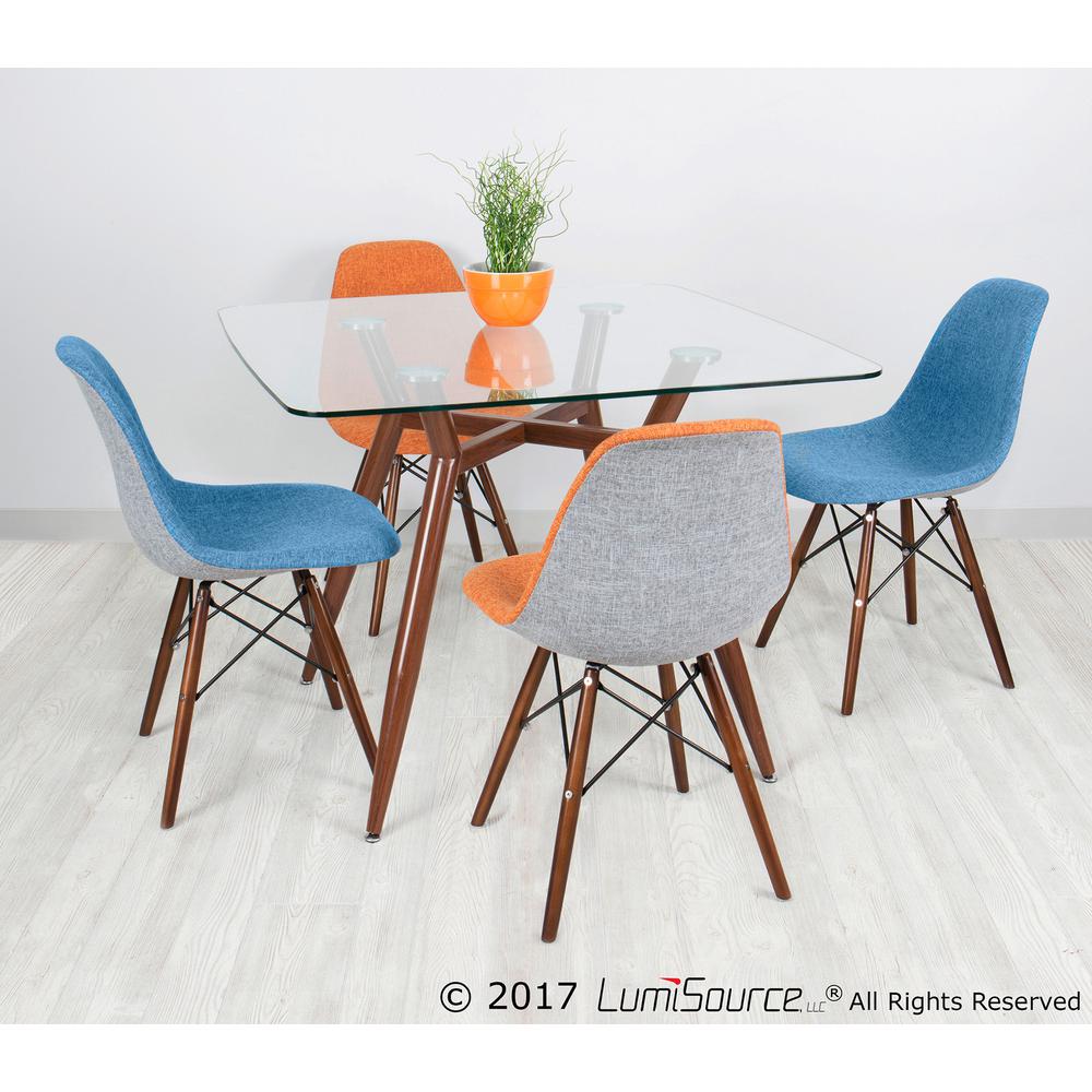 Clara Mid-Century Modern Square Dining Table with Walnut Metal Legs and Clear Glass Top. Picture 7