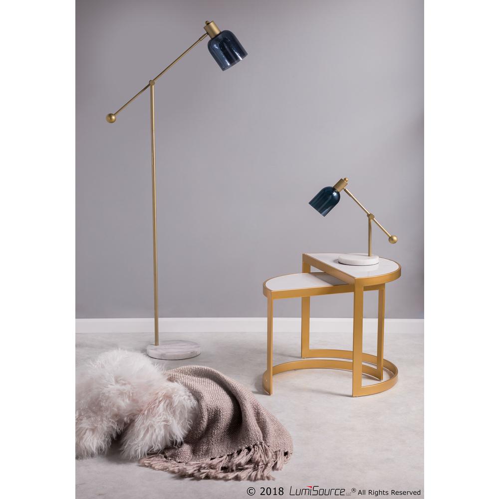 Marcel Contemporary Floor Lamp in White Marble, Gold Metal and Blue Glass. Picture 11