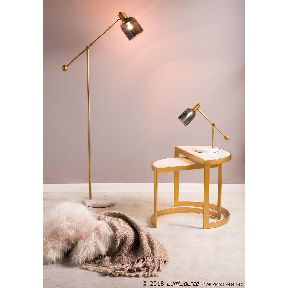 Marcel Contemporary Floor Lamp in White Marble, Gold Metal and Blue Glass. Picture 12