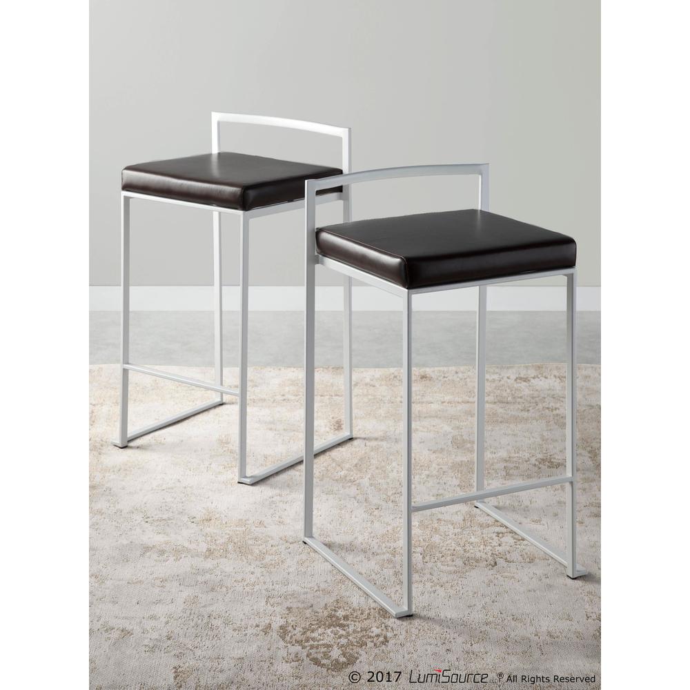 Fuji Contemporary Stackable Counter Stool in White with Brown Faux Leather Cushion - Set of 2. Picture 12