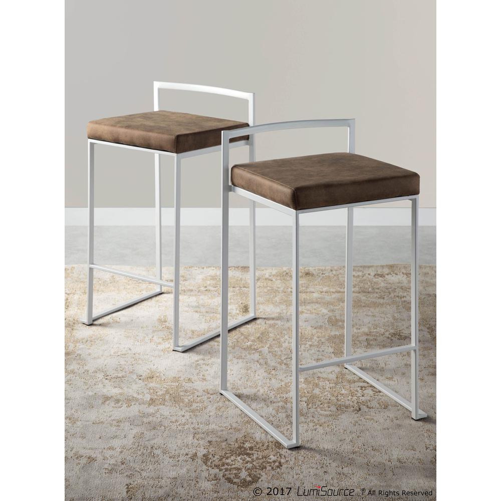 Fuji Contemporary Stackable Counter Stool in White with Brown Cowboy Fabric Cushion - Set of 2. Picture 12