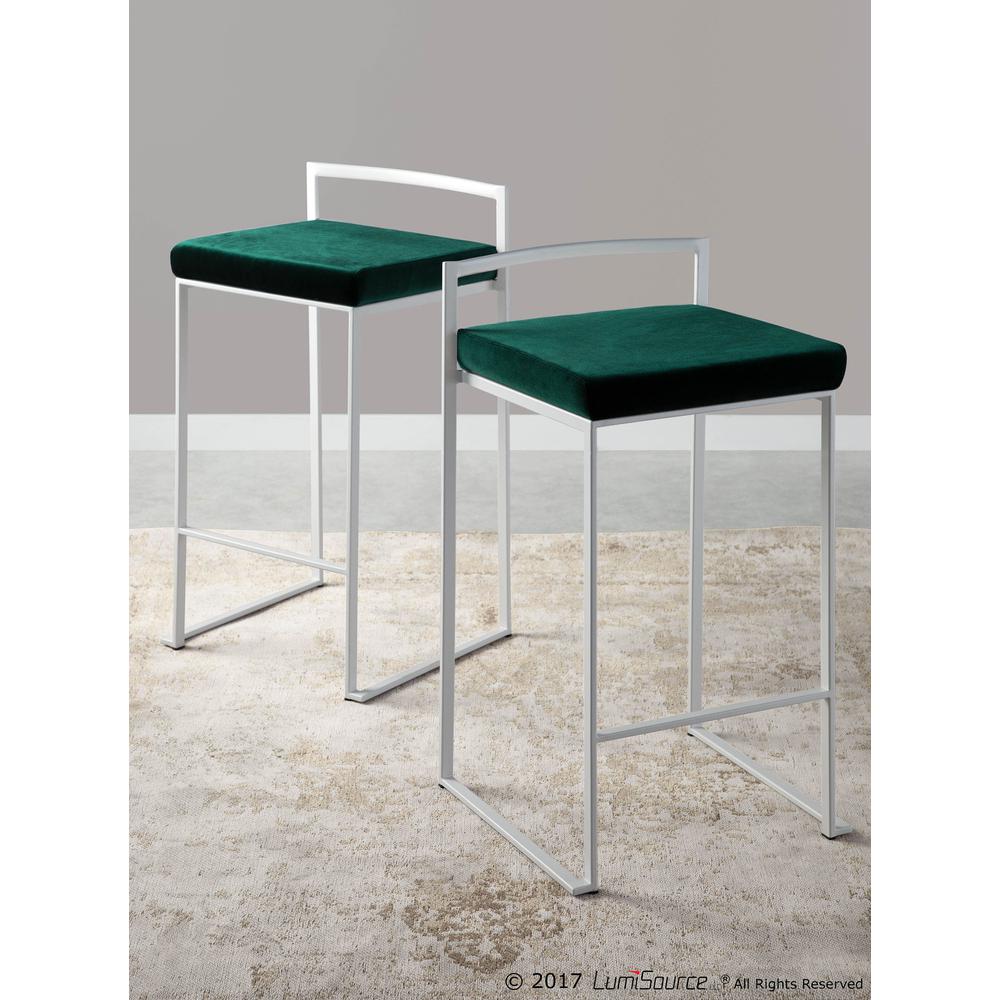 Fuji Contemporary Stackable Counter Stool in White with Green Velvet Cushion - Set of 2. Picture 9