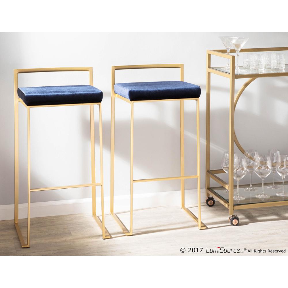 Fuji Contemporary-Glam Stackable Barstool in Gold with Blue Velvet Cushion - Set of 2. Picture 9