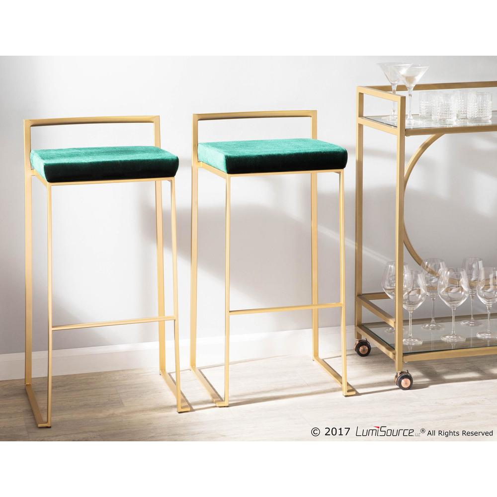 Fuji Contemporary-Glam Stackable Barstool in Gold with Green Velvet Cushion - Set of 2. Picture 9