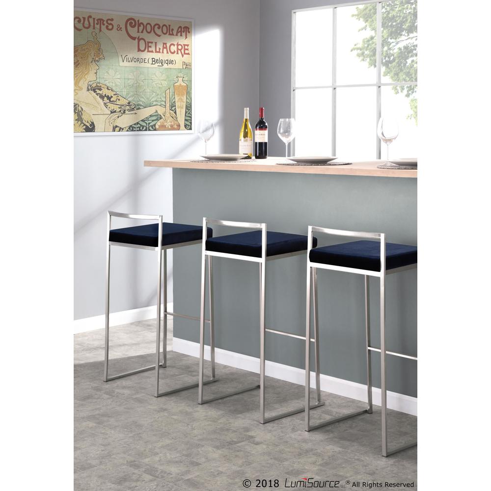 Fuji Contemporary Stackable Barstool in Stainless Steel with Blue Velvet Cushion - Set of 2. Picture 9
