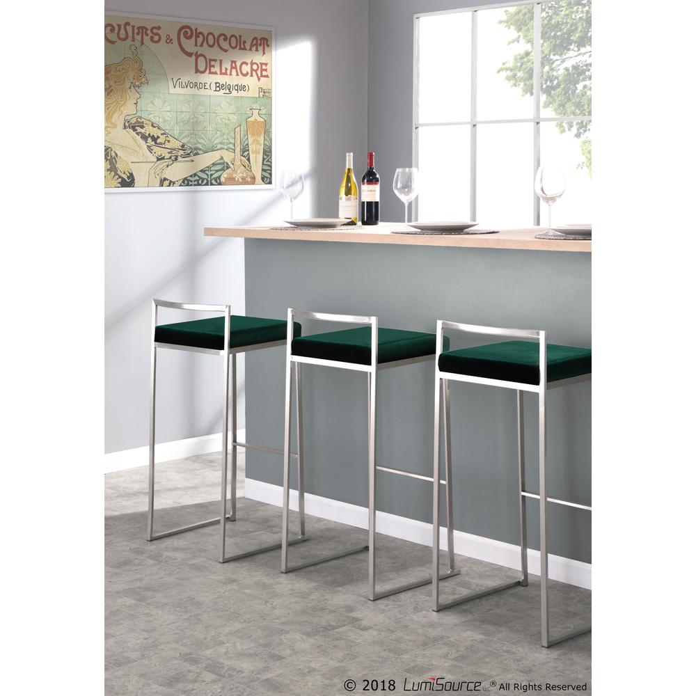 Fuji Contemporary Stackable Barstool in Stainless Steel with Green Velvet Cushion - Set of 2. Picture 9