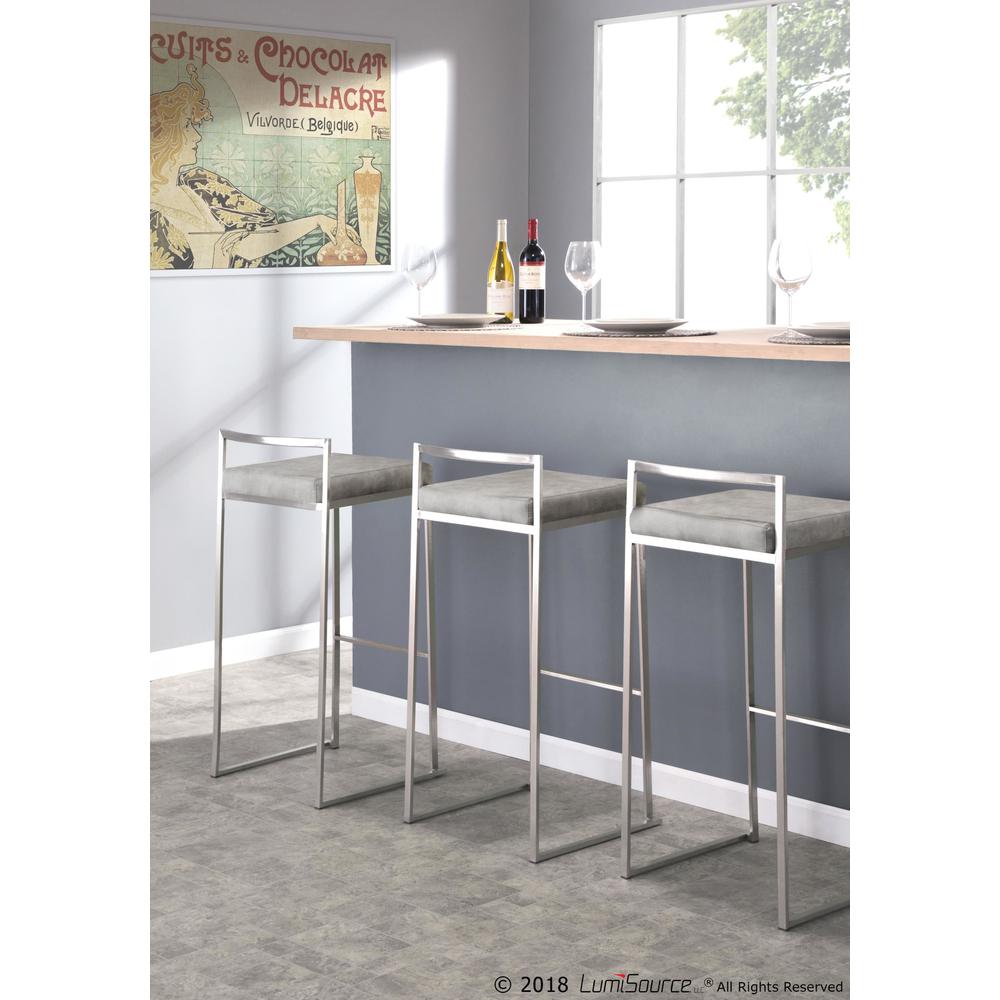 Fuji Contemporary Stackable Barstool in Stainless Steel with Light Grey Cowboy Fabric Cushion - Set of 2. Picture 9