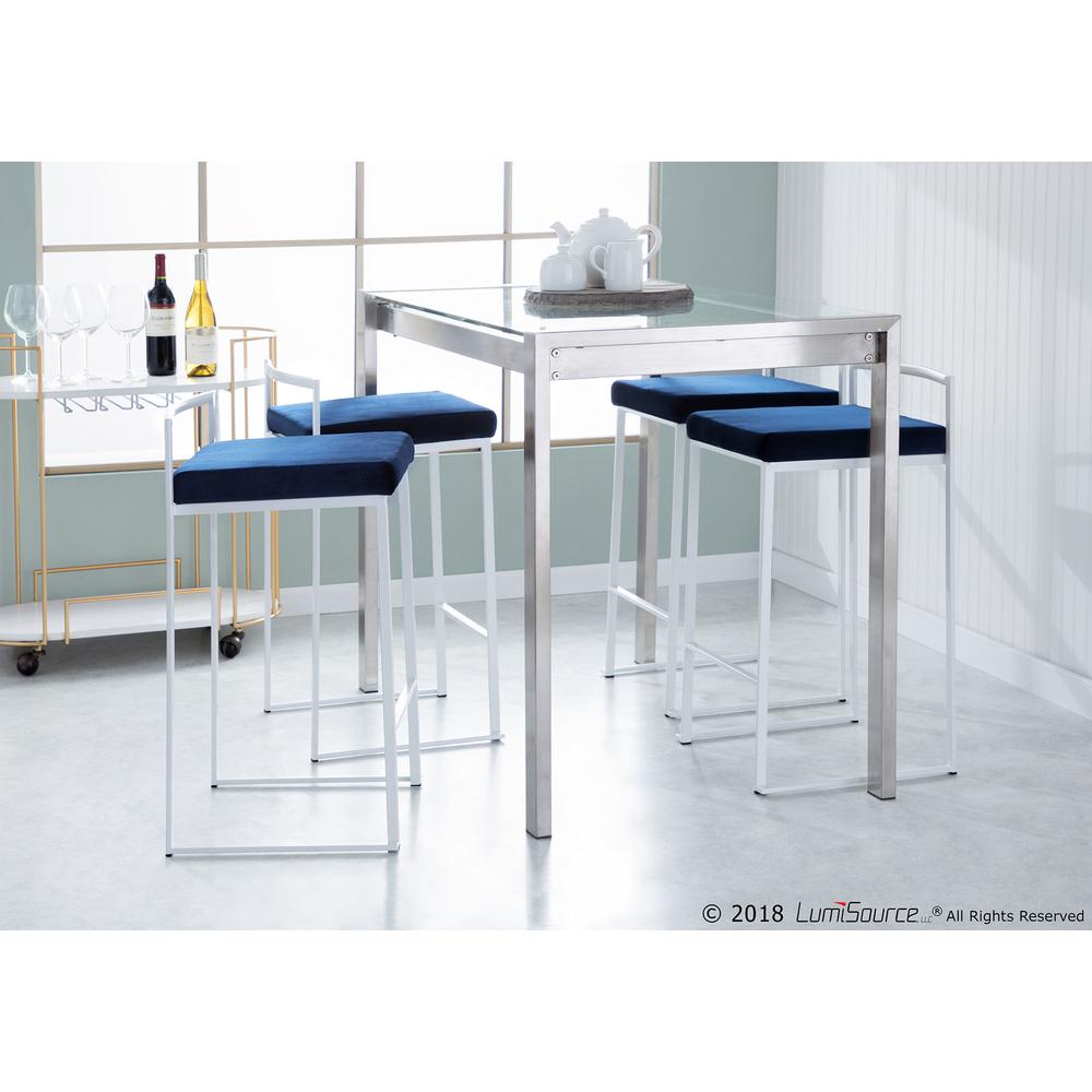 Fuji Contemporary Stackable Counter Stool in White with Blue Velvet Cushion - Set of 2. Picture 10