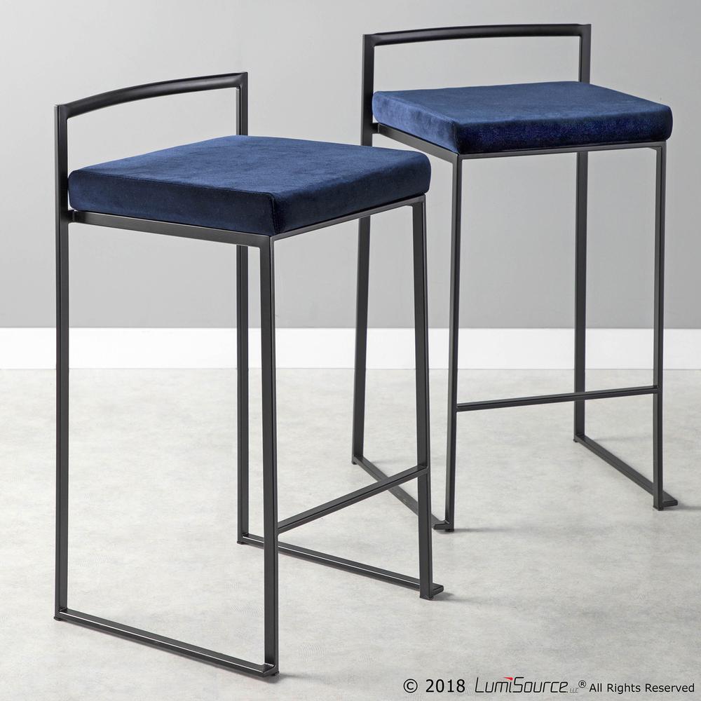 Fuji Contemporary Stackable Counter Stool in Black with Blue Velvet Cushion - Set of 2. Picture 10