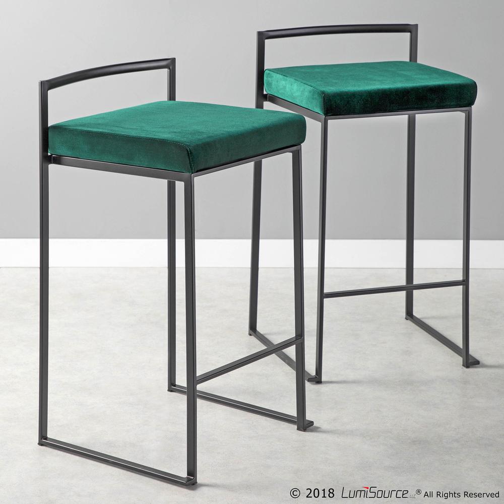 Fuji Contemporary Stackable Counter Stool in Black with Green Velvet Cushion - Set of 2. Picture 10
