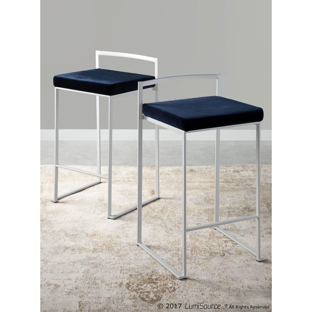 Fuji Contemporary Stackable Counter Stool in White with Blue Velvet Cushion - Set of 2. Picture 9