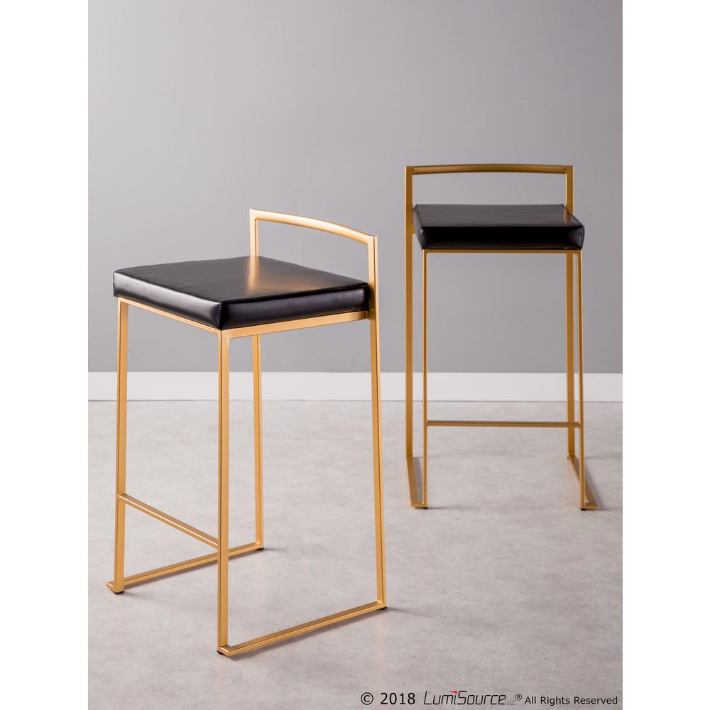Fuji Contemporary-Glam Counter Stool in Gold with Black Faux Leather - Set of 2. Picture 9